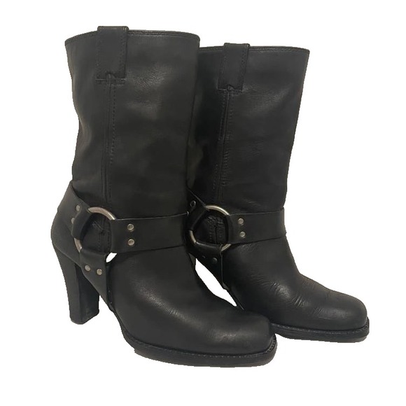 Harley Davidson LeathervMid-Calf Black Motorcycle Boots Metal Harness
